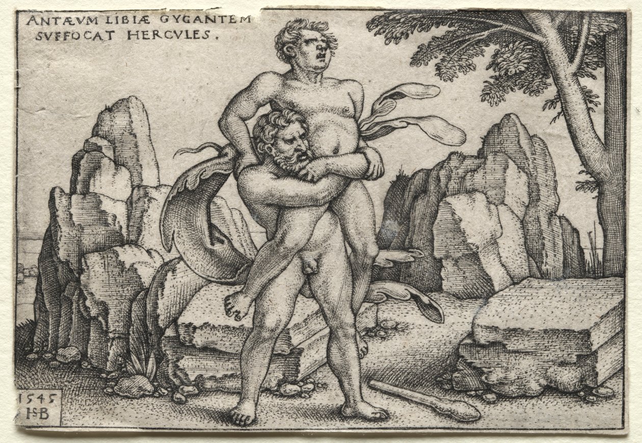 De werken van Hercules: Hercules verplettert Antaeus door Hans Sebald Beham