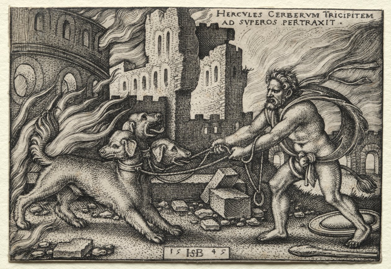 De werken van Hercules: Hercules sleept Cerberus uit de onderwereld door Hans Sebald Beham
