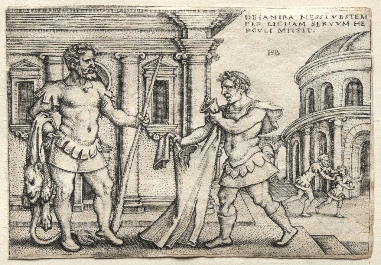 De werken van Hercules: Hercules ontvangt het met het bloed van Nessus doordrenkte kledingstuk, 1542 door Hans Sebald Beham