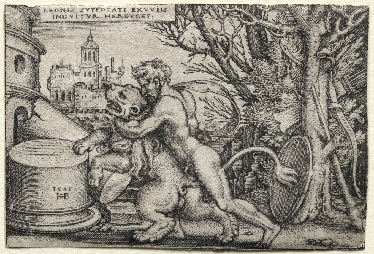De werken van Hercules: Hercules wurgt de Nemeïsche leeuw door Hans Sebald Beham