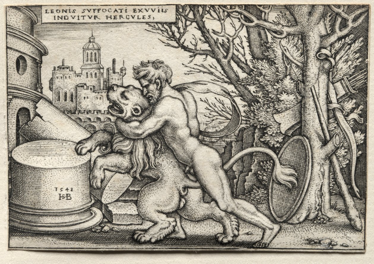 De Werken van Hercules: Hercules Wurgt de Nemeïsche Leeuw door Hans Sebald Beham