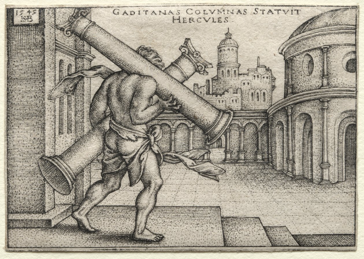 De werken van Hercules: Hercules en de zuilen van Gades door Hans Sebald Beham