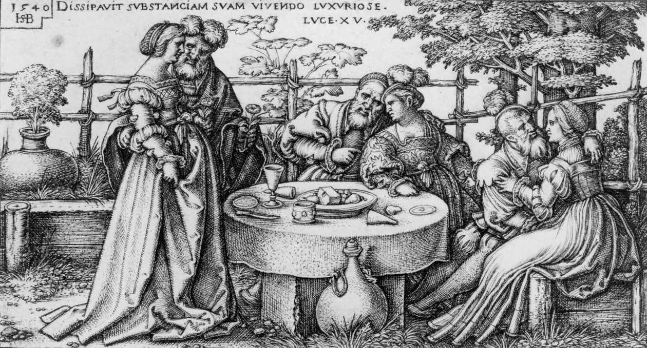 De verloren zoon verspilt zijn fortuin, uit de serie "De geschiedenis van de verloren zoon". door Hans Sebald Beham