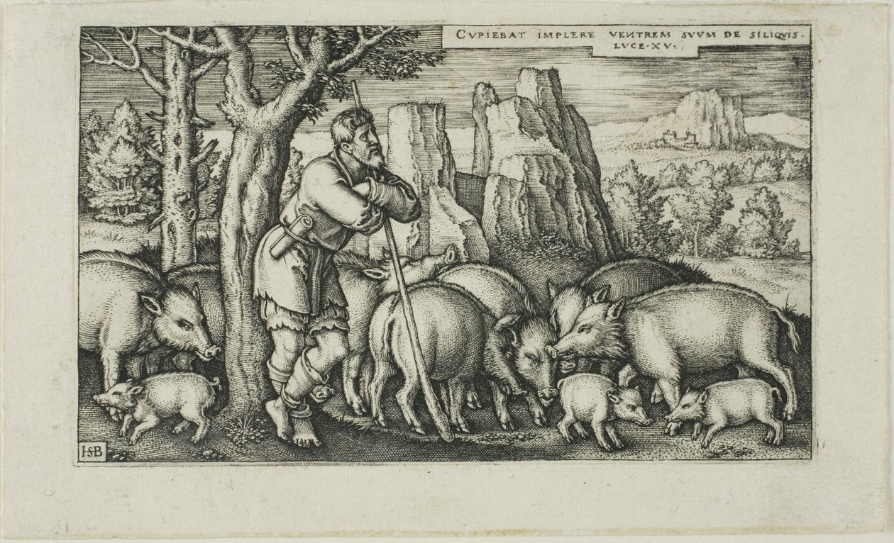 De verloren zoon met de zwijnen, plaat drie uit De geschiedenis van de verloren zoon door Hans Sebald Beham