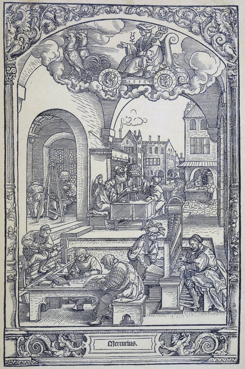 De planeet Mercurius en kunstenaars, geleerden en technici, ca. 1535 (gravure) door Hans Sebald Beham