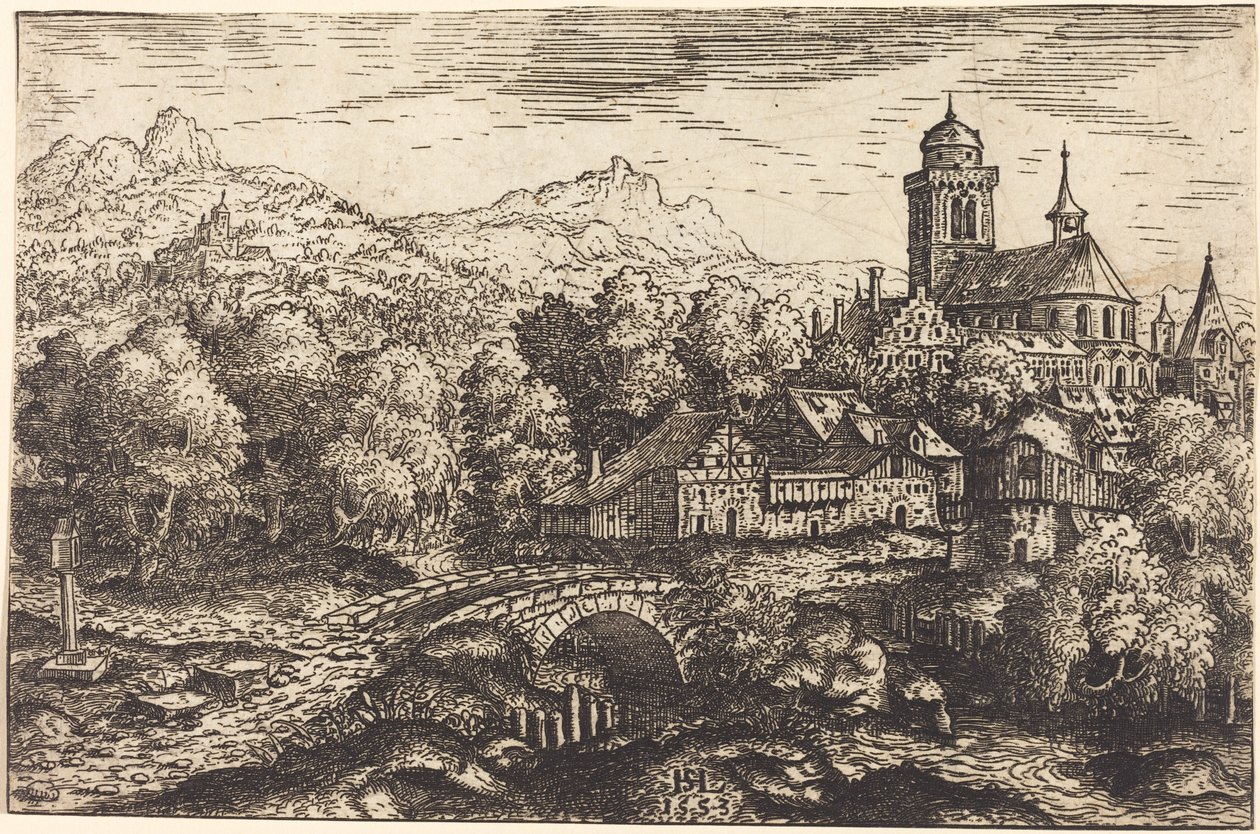 Bergachtig landschap met een dorp, 1553 door Hans Sebald Lautensack
