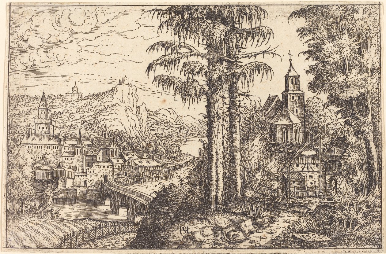 Uitzicht op een stad nabij een rivier met een kerk aan de rechterkant door Hans Sebald Lautensack