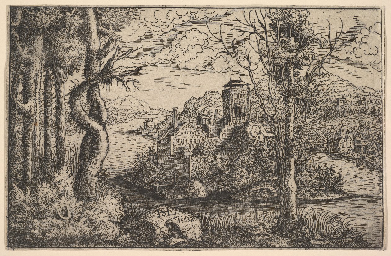 Uitzicht op een rivier, met een kasteel op een eiland, 1553 door Hans Sebald Lautensack