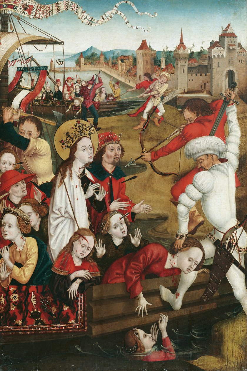 Martelaarschap van de heilige Ursula en haar metgezellen (voorkant); Onderste helft van een heiligenfiguur (achterkant) door Hans Siebenbürger