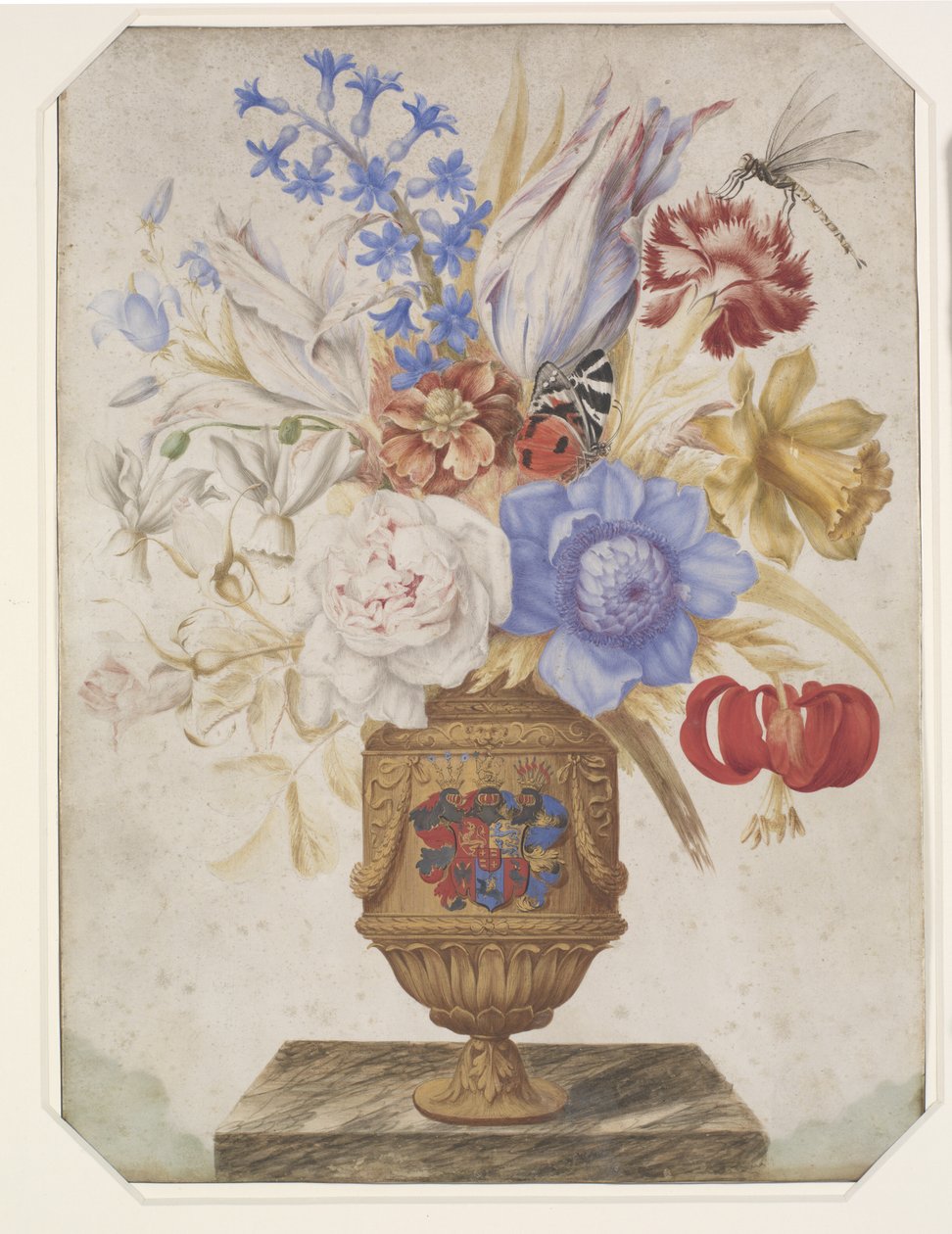 Bloemen in een vergulde vaas met het Holstein-Gottorpse wapen door Hans Simon Holtzbecker