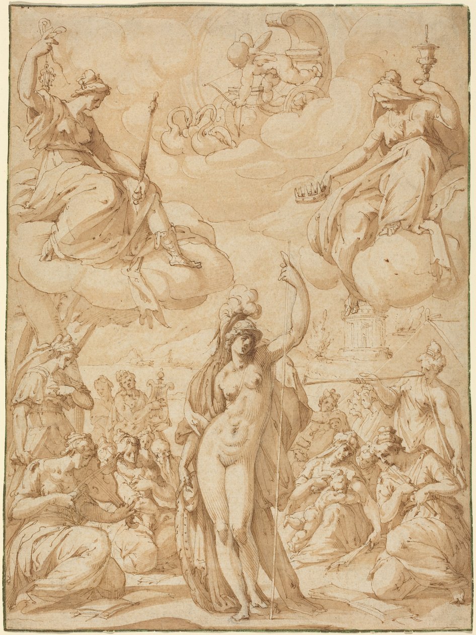 Allegorie op Minerva als hoofd van de muzen, in of voor 1575 (pen en inkt) door Hans Speckaert