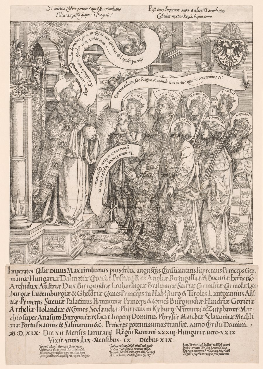 Maximiliaan Gepresenteerd door Zijn Beschermheiligen aan de Almachtige door Hans Springinklee