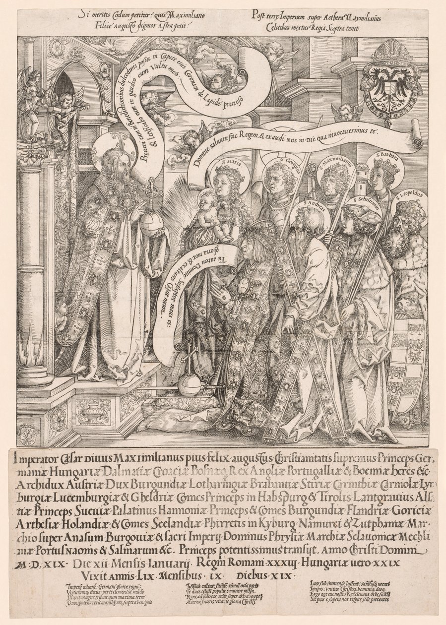 Maximiliaan gepresenteerd door zijn patroonheiligen aan de Almachtige (1519) door Hans Springinklee