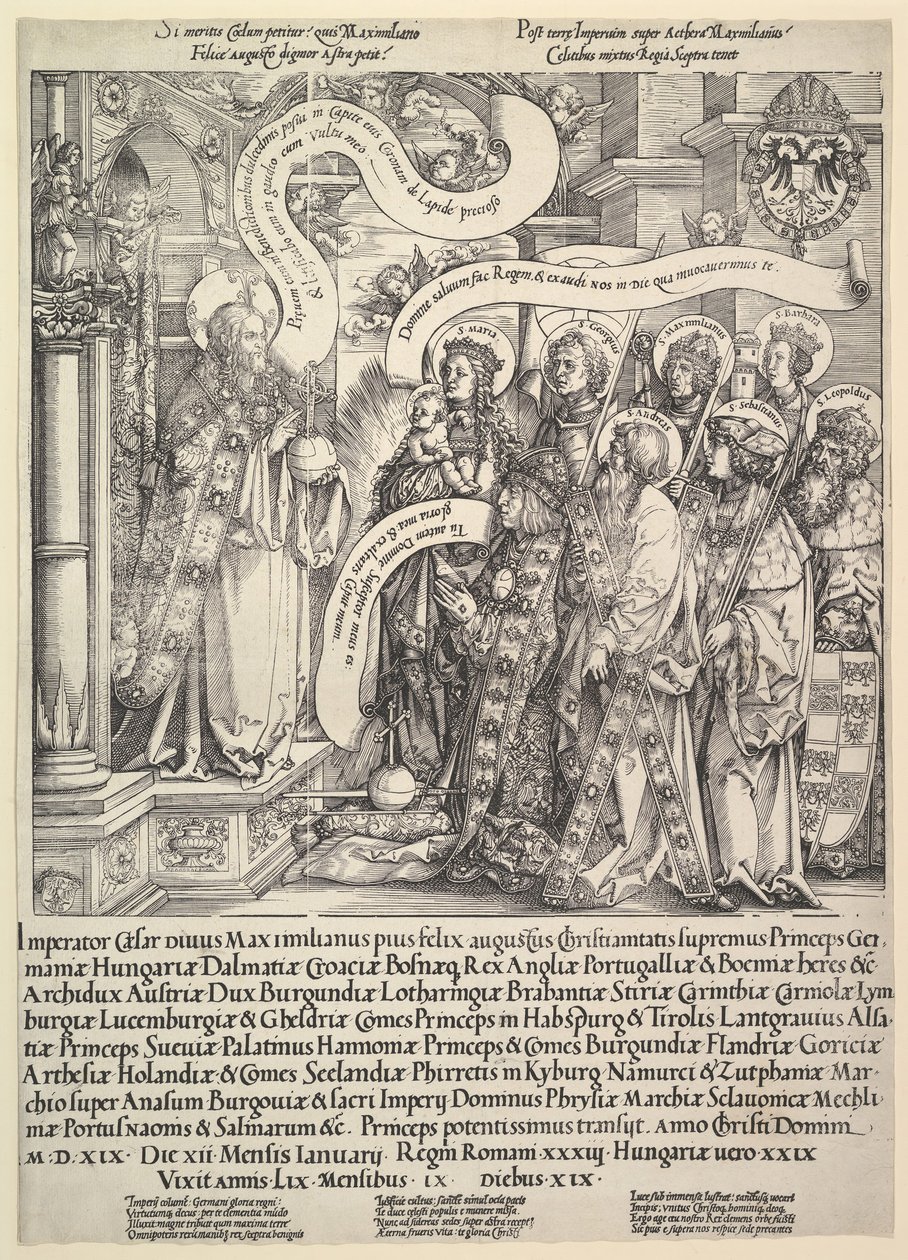 Maximiliaan gepresenteerd door zijn beschermheiligen aan de Almachtige, 1519 door Hans Springinklee