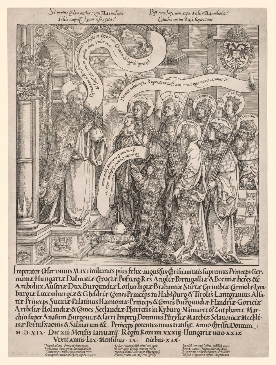 De keizer Maximiliaan gepresenteerd door zijn beschermheiligen aan de Almachtige, 1519 door Hans Springinklee