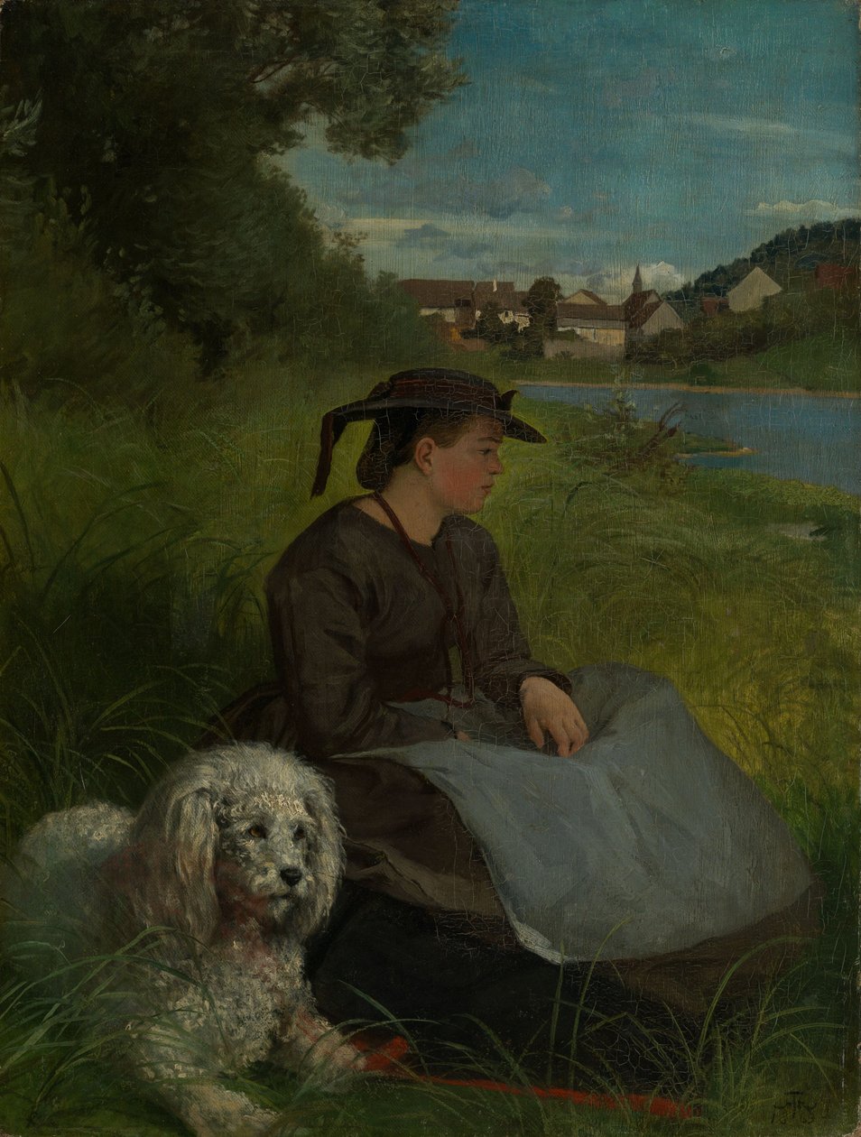 Agathe met een witte hond door Hans Thoma