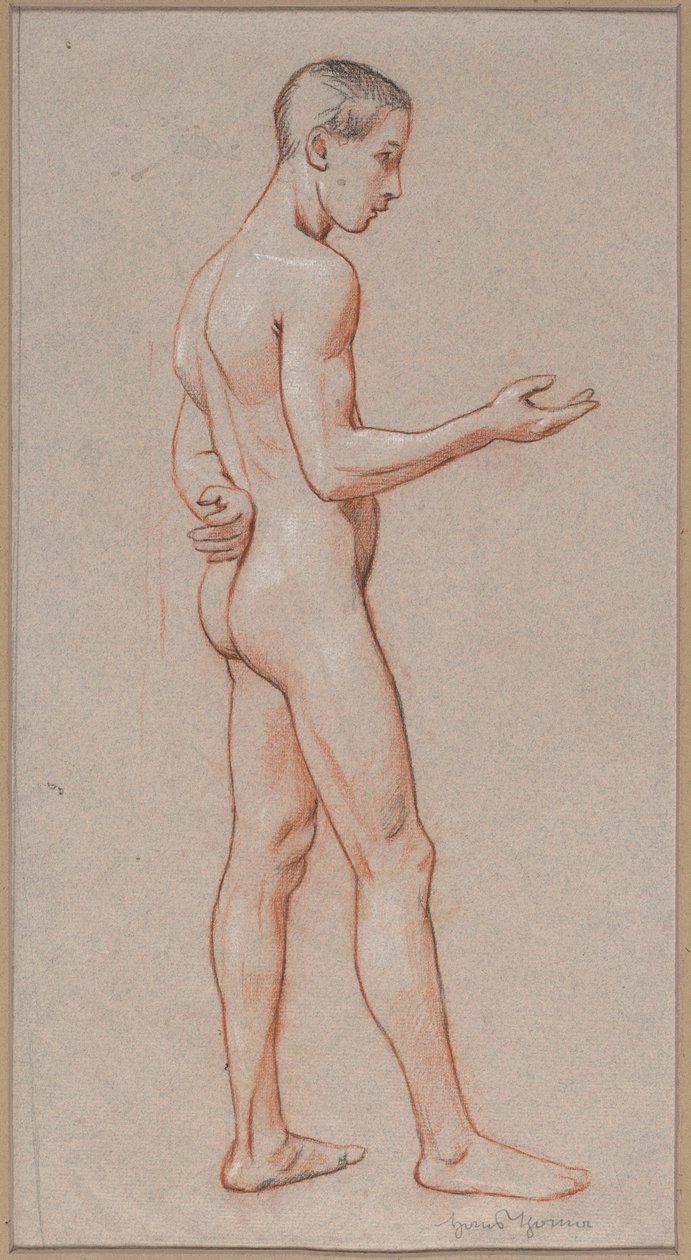 Naaktstudie van een jongeman met uitgestrekte arm, staand in profiel afgebeeld door Hans Thoma