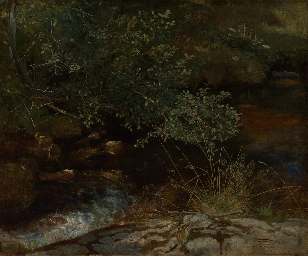 Oever van een beek met struiken en grassen door Hans Thoma