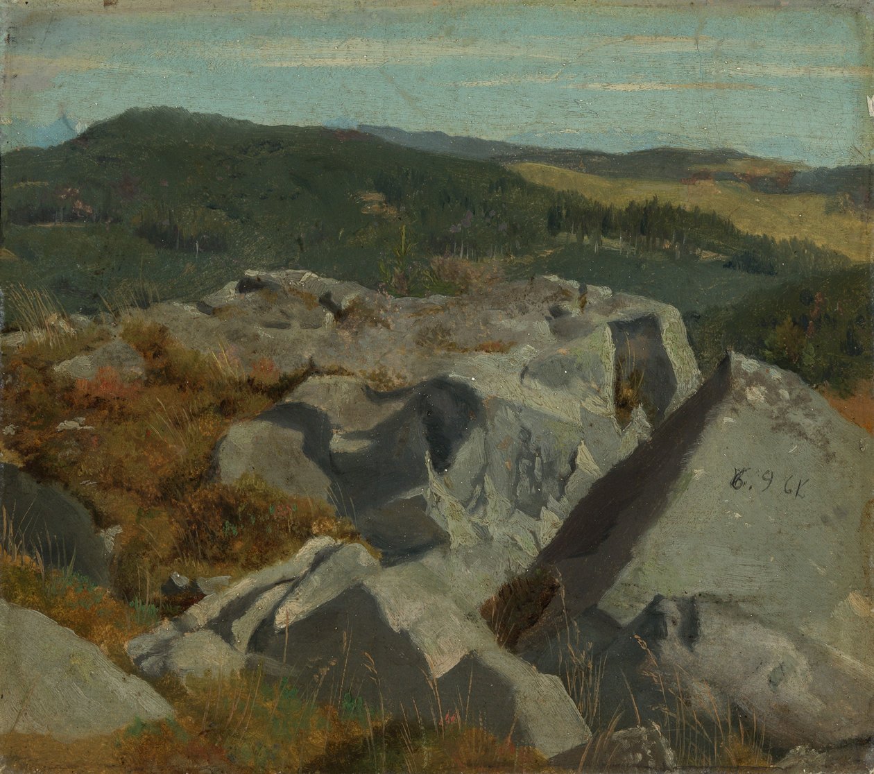 Uitzicht op rotsen en bergketens door Hans Thoma