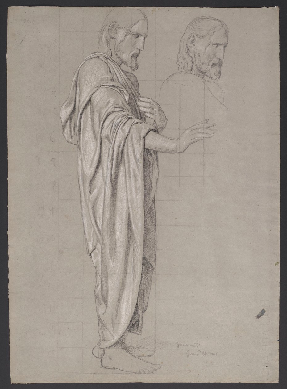 Christus met uitgestrekte rechterhand, daarnaast herhaling van het hoofd van de figuur door Hans Thoma