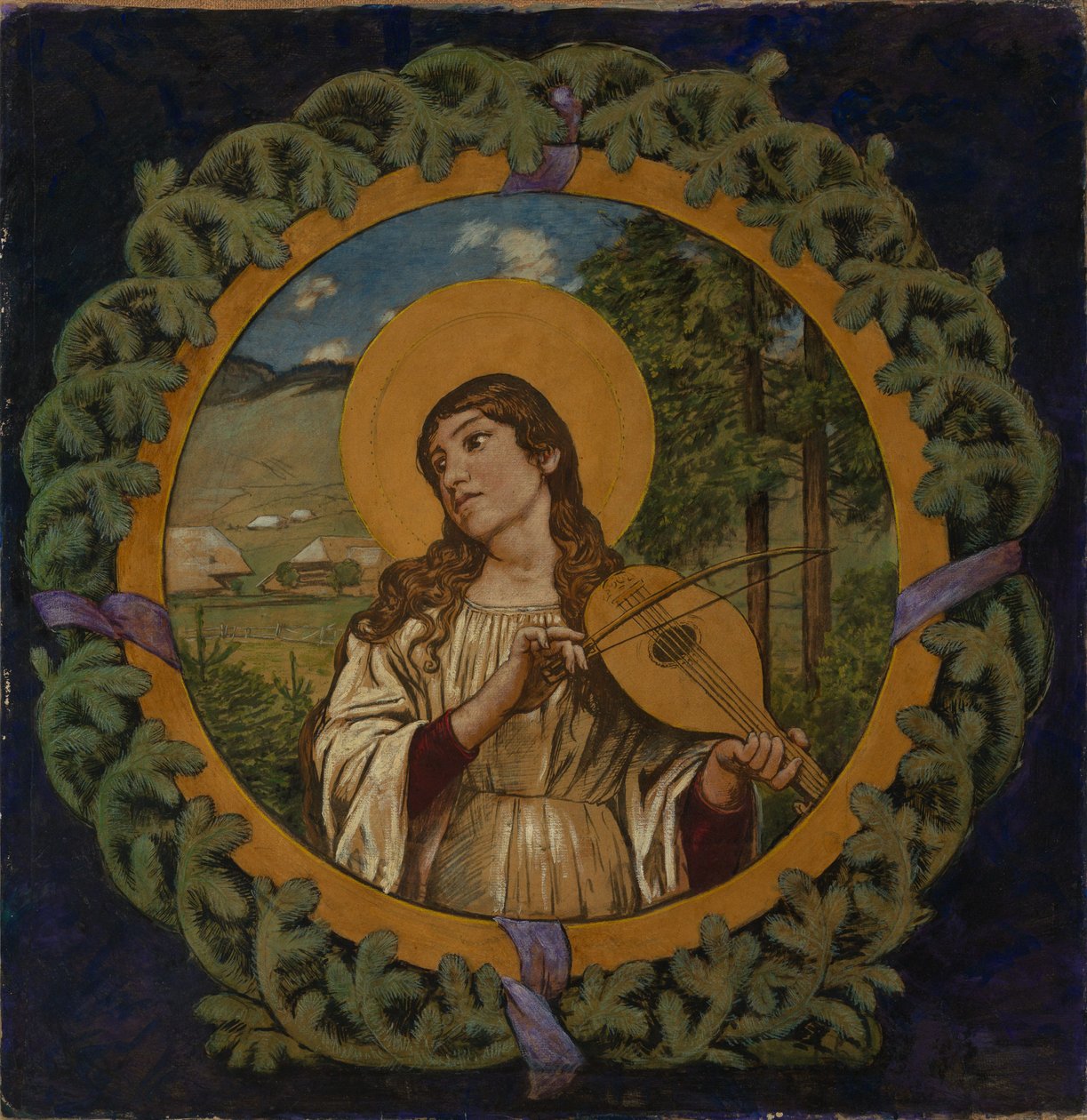 De heilige Cecilia in een dennenkrans door Hans Thoma
