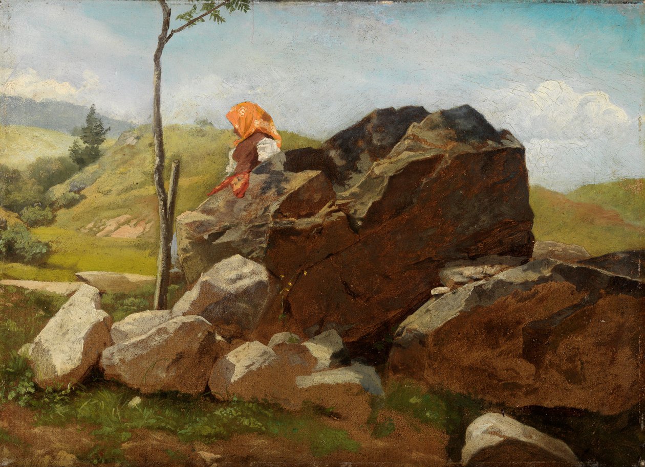 Rotsblokken met een zittend boerenmeisje door Hans Thoma