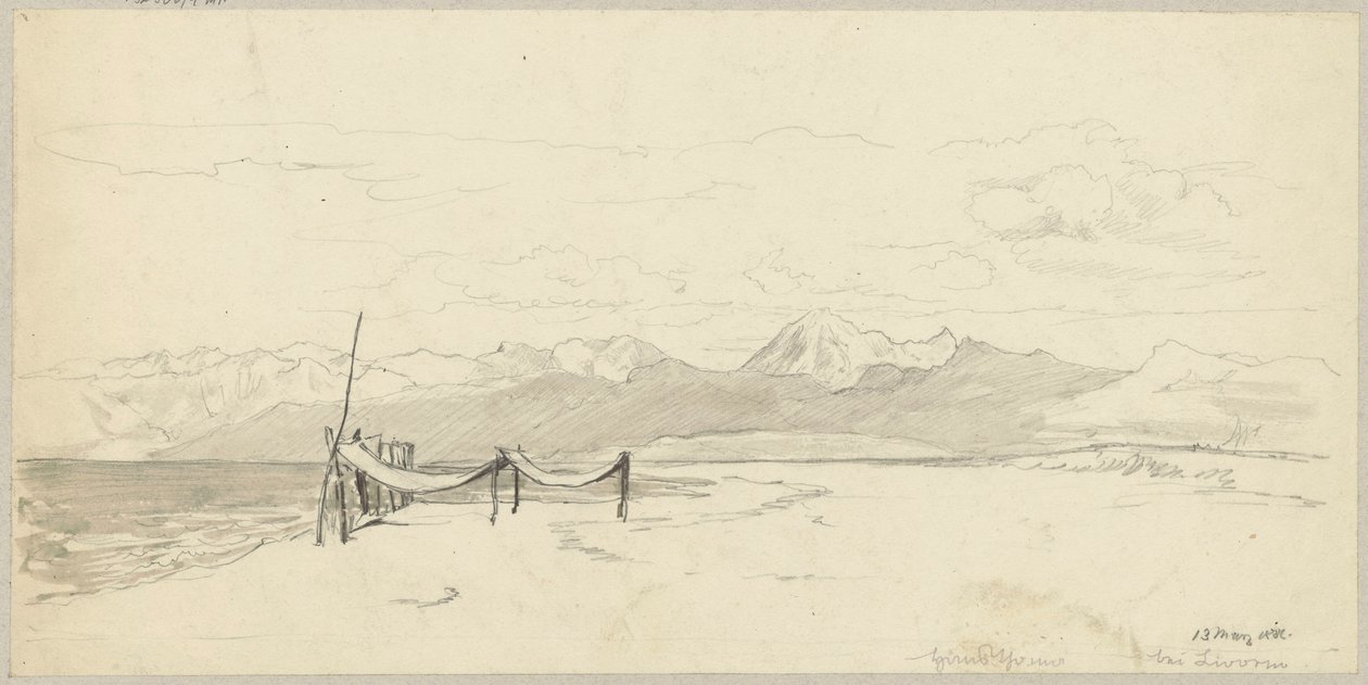 Fragment van de zeekust bij Livorno met op het strand uitgespreide visnetten door Hans Thoma
