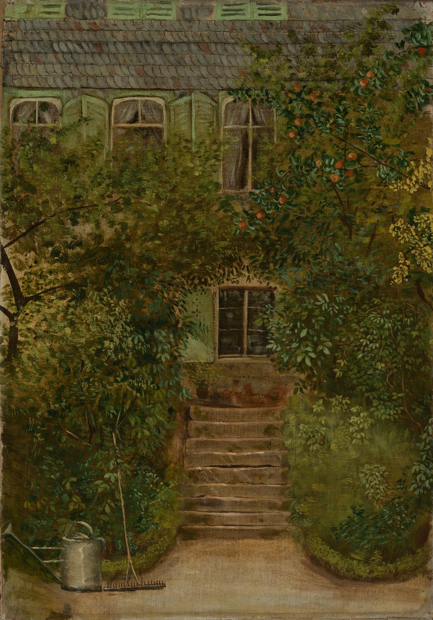 Tuin van een landhuis met gieter en hark door Hans Thoma