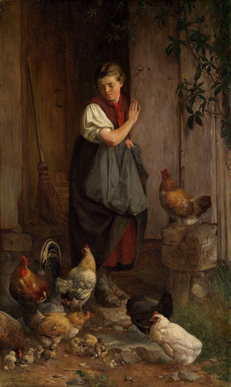 Kippen voeren door Hans Thoma