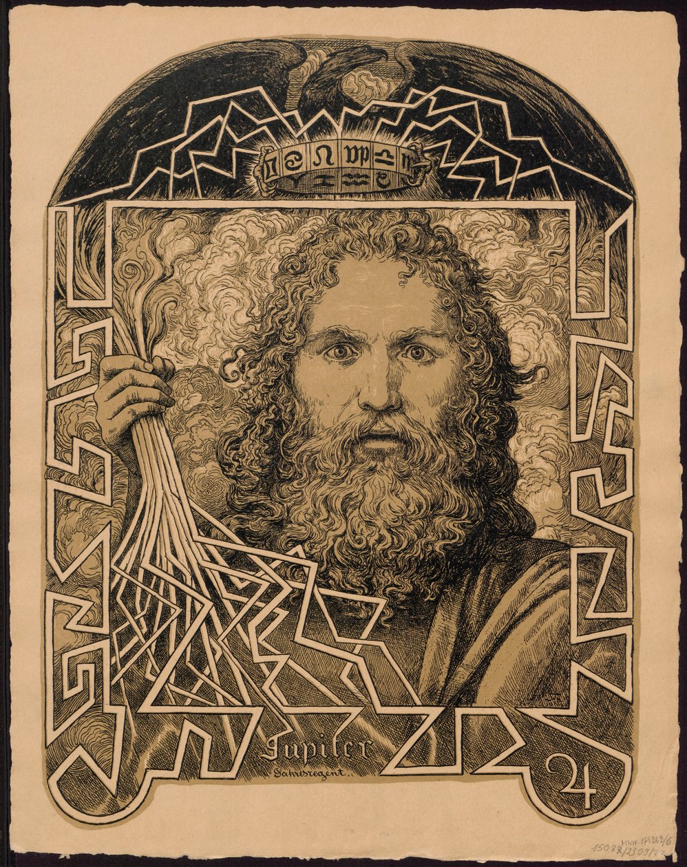 "Jupiter Jahrersregent". Jupiter als heerser van het jaar. Ontwerpen voor de "Eeuwigdurende beeldkalender", deel II (Immerwährender Bilderkalender) door Hans Thoma