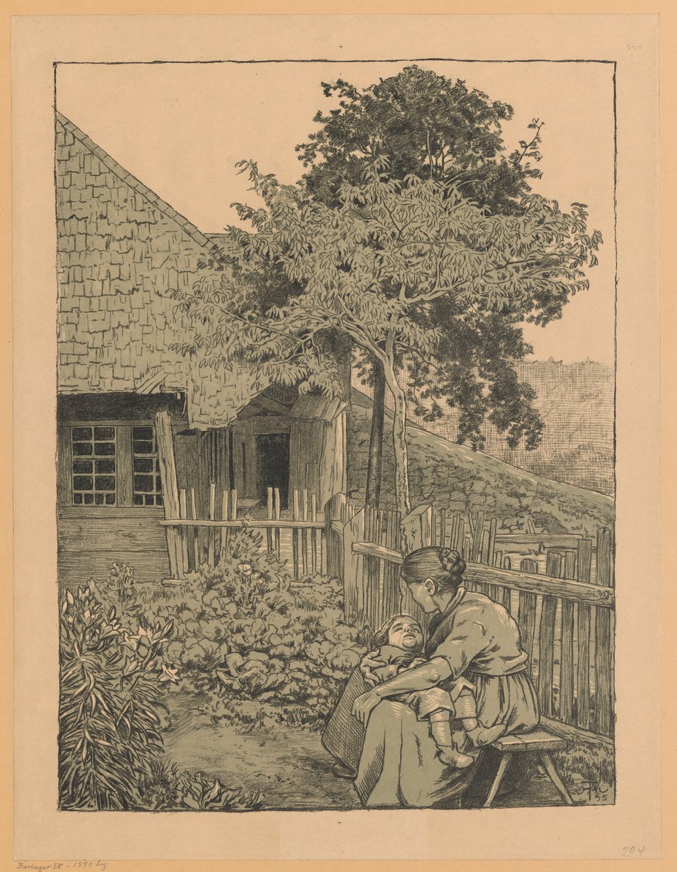 Een vrouw met een kind, zittend in de tuin voor een huis in het Zwarte Woud door Hans Thoma
