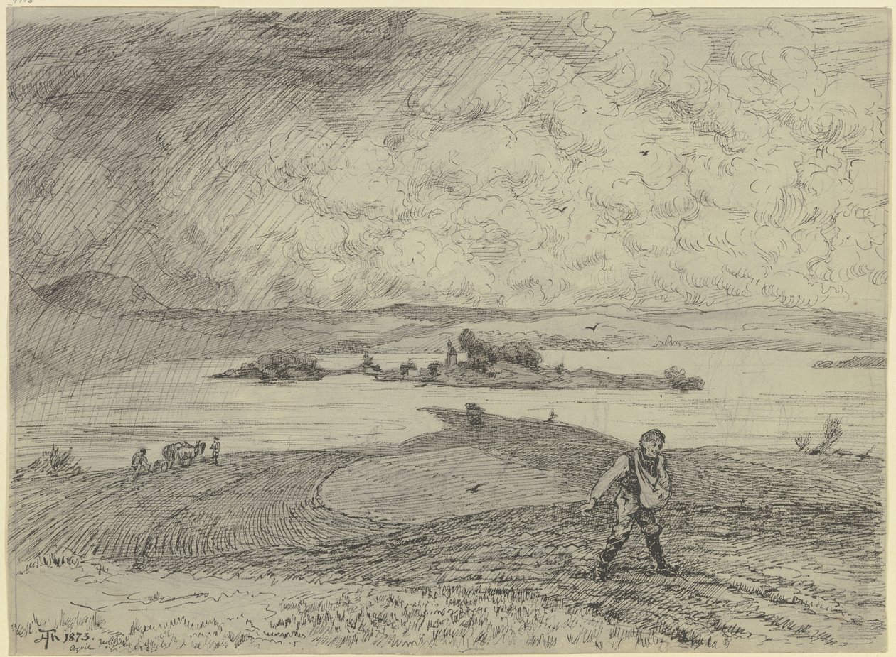 Landschap met een zaaier, op de achtergrond een meer met een eiland door Hans Thoma