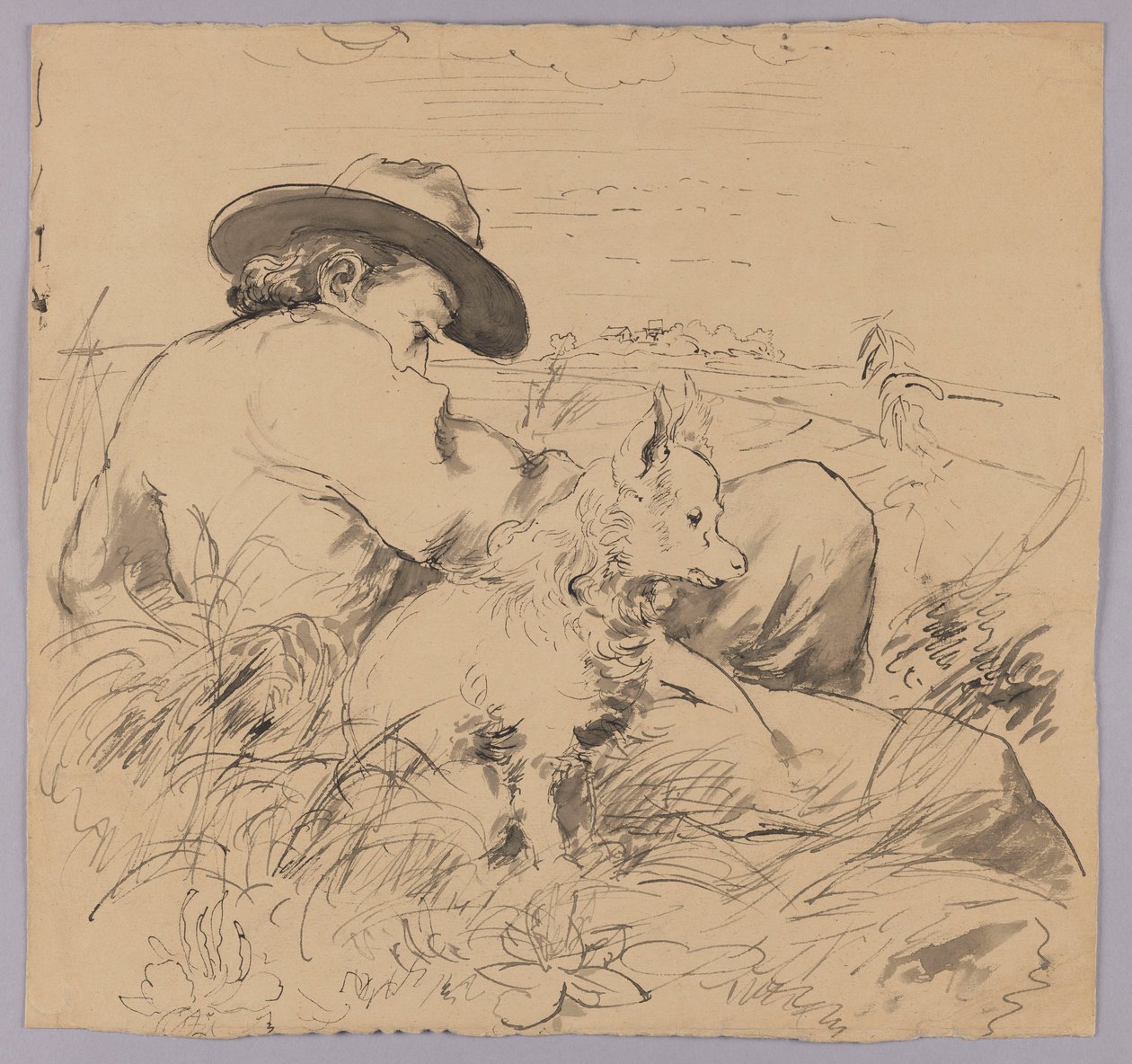 Een man die met een hond in het gras ligt door Hans Thoma