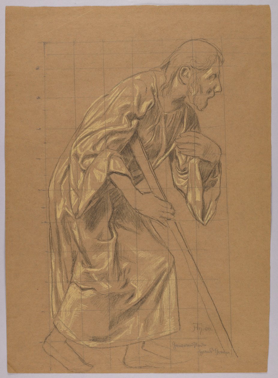 Man in lang gewaad, steunend op een stok, verso: schets van dezelfde figuur door Hans Thoma