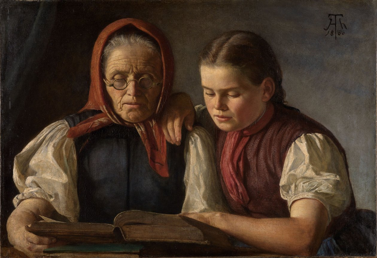 De moeder en zuster van de kunstenaar, lezend in de Bijbel door Hans Thoma