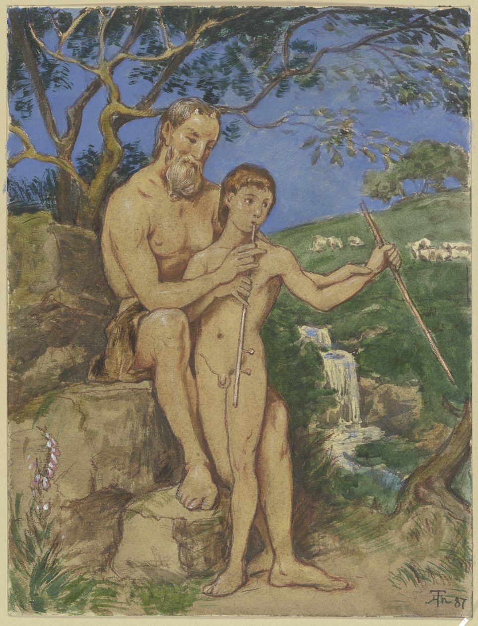 Oude en jonge faun door Hans Thoma
