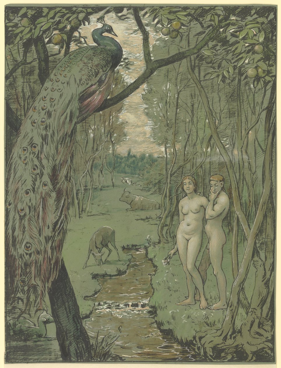 Het paradijs met een pauw door Hans Thoma