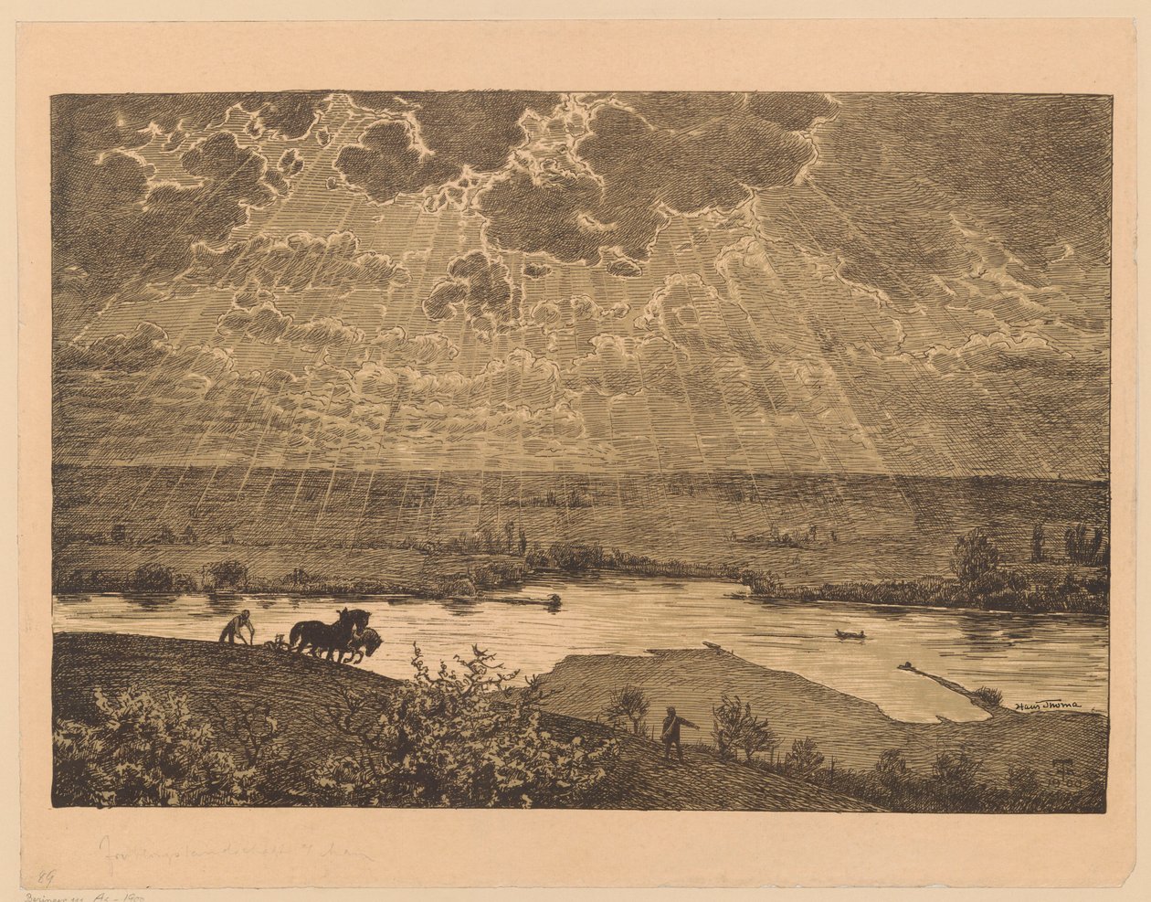 Landschap met een zaaier en een ploeger aan de Main door Hans Thoma