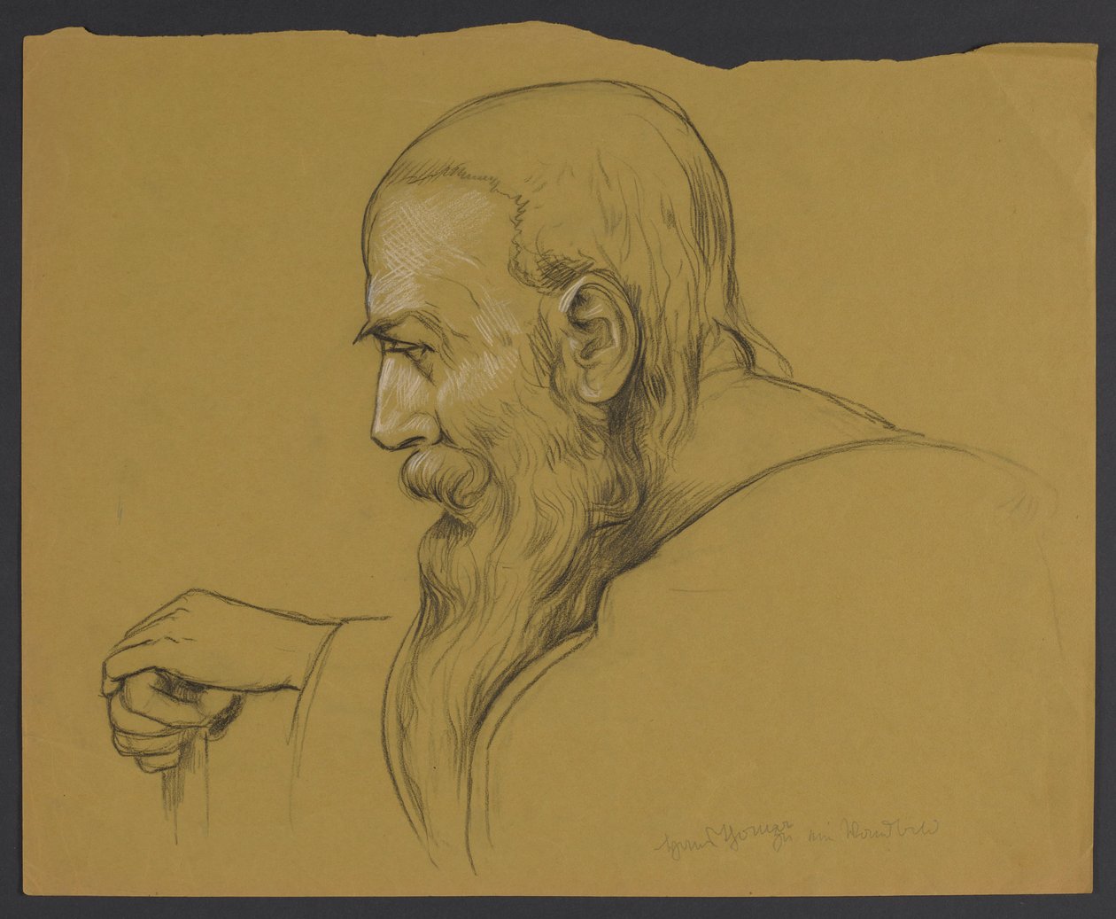 Een borstbeeld van een oude man met een lange baard, die zich met beide handen op een stok steunt, afgebeeld in profiel door Hans Thoma