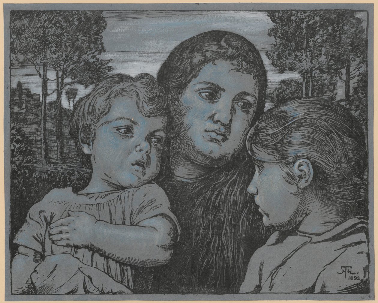 Portret van de vrouw van de kunstenaar, Celli, met twee kinderen tegen een landschapsachtergrond door Hans Thoma