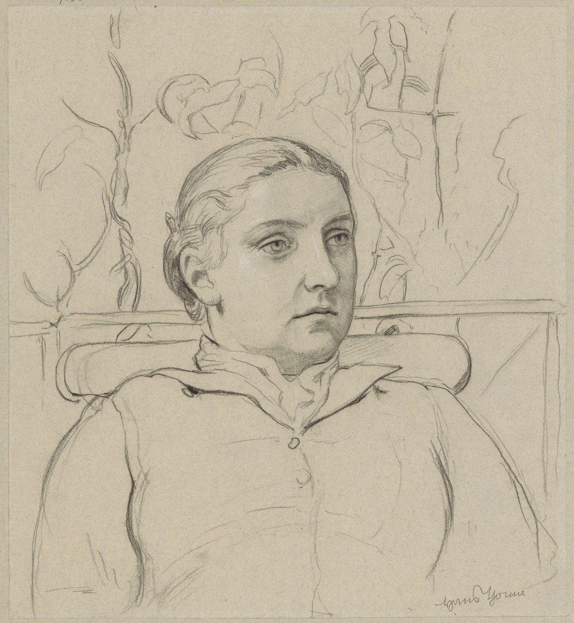 Portret van de vrouw van de kunstenaar als borstbeeld, zittend op een bankje tegen een groene achtergrond door Hans Thoma