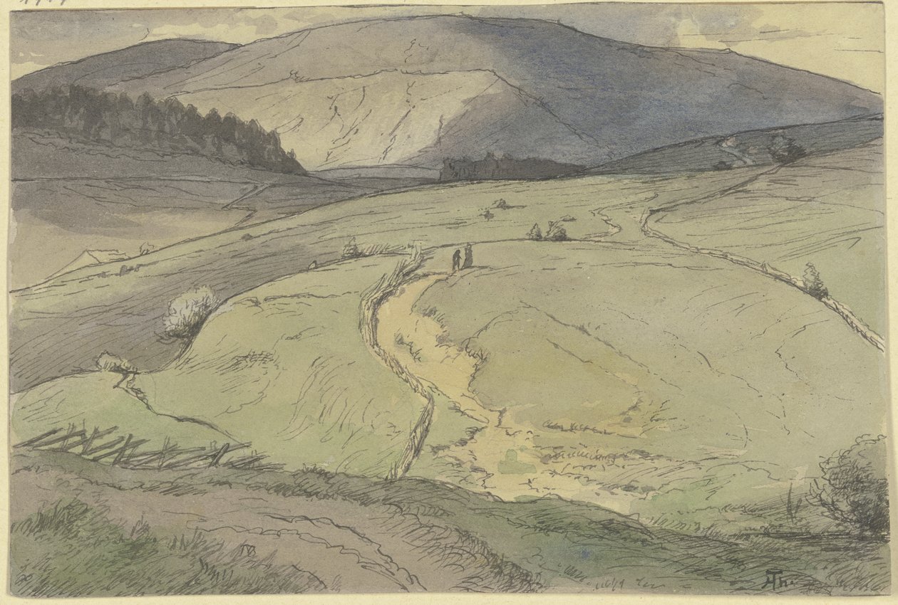 Landschap in het Zwarte Woud, uitzicht over heuvelachtige weiden naar hogere bergen door Hans Thoma