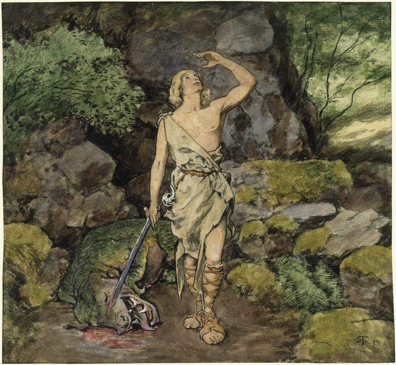 Siegfried met de gedode draak door Hans Thoma