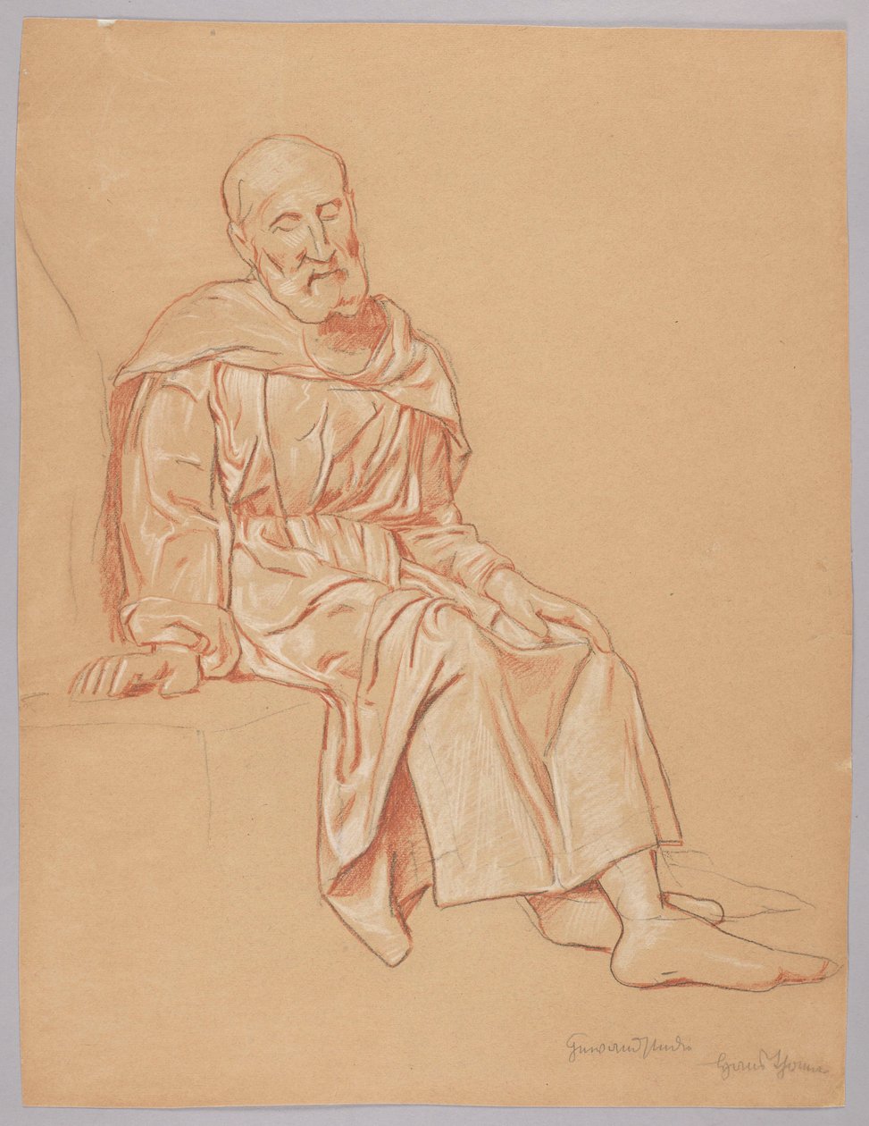 Oude man zittend op een steen door Hans Thoma