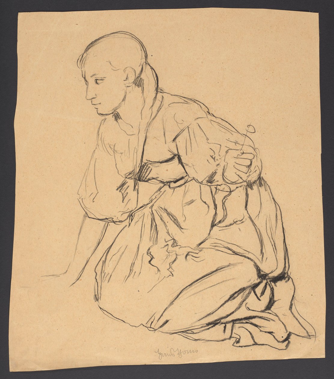 Studie eines Mädchens, das auf einer Wiese kniet door Hans Thoma