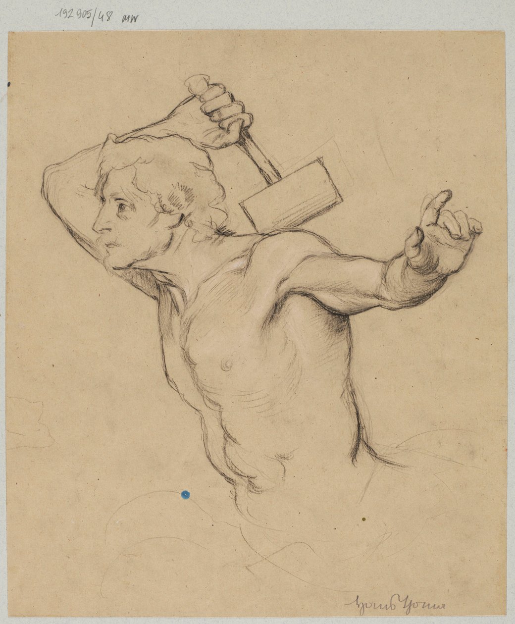 Studie van een naakte man, afgebeeld tot aan de taille, die een hamer omhoog houdt door Hans Thoma