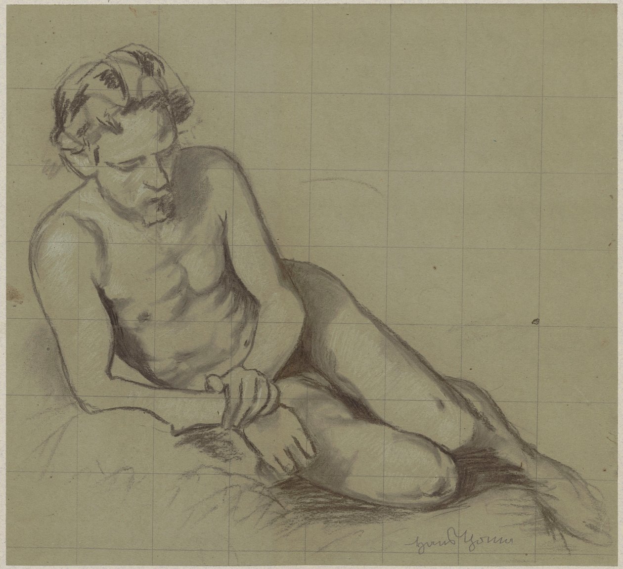 Studie van een naakte man liggend op zijn rechterzij door Hans Thoma