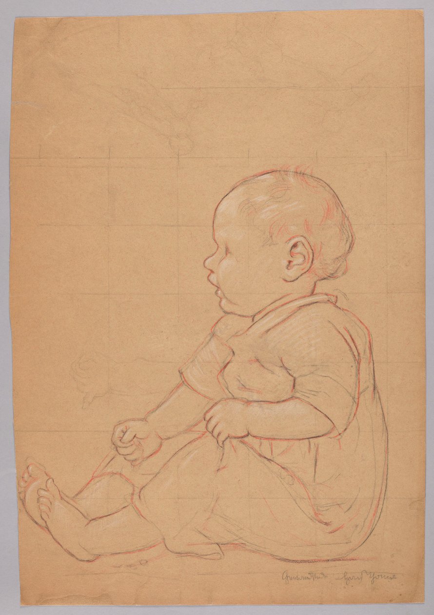 Studie van een zittend kind, verso: een oude man zittend op een steen door Hans Thoma
