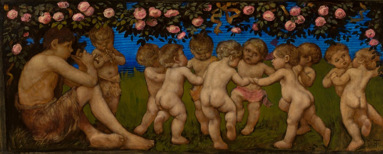 Dansende putti met een rozenkrans door Hans Thoma