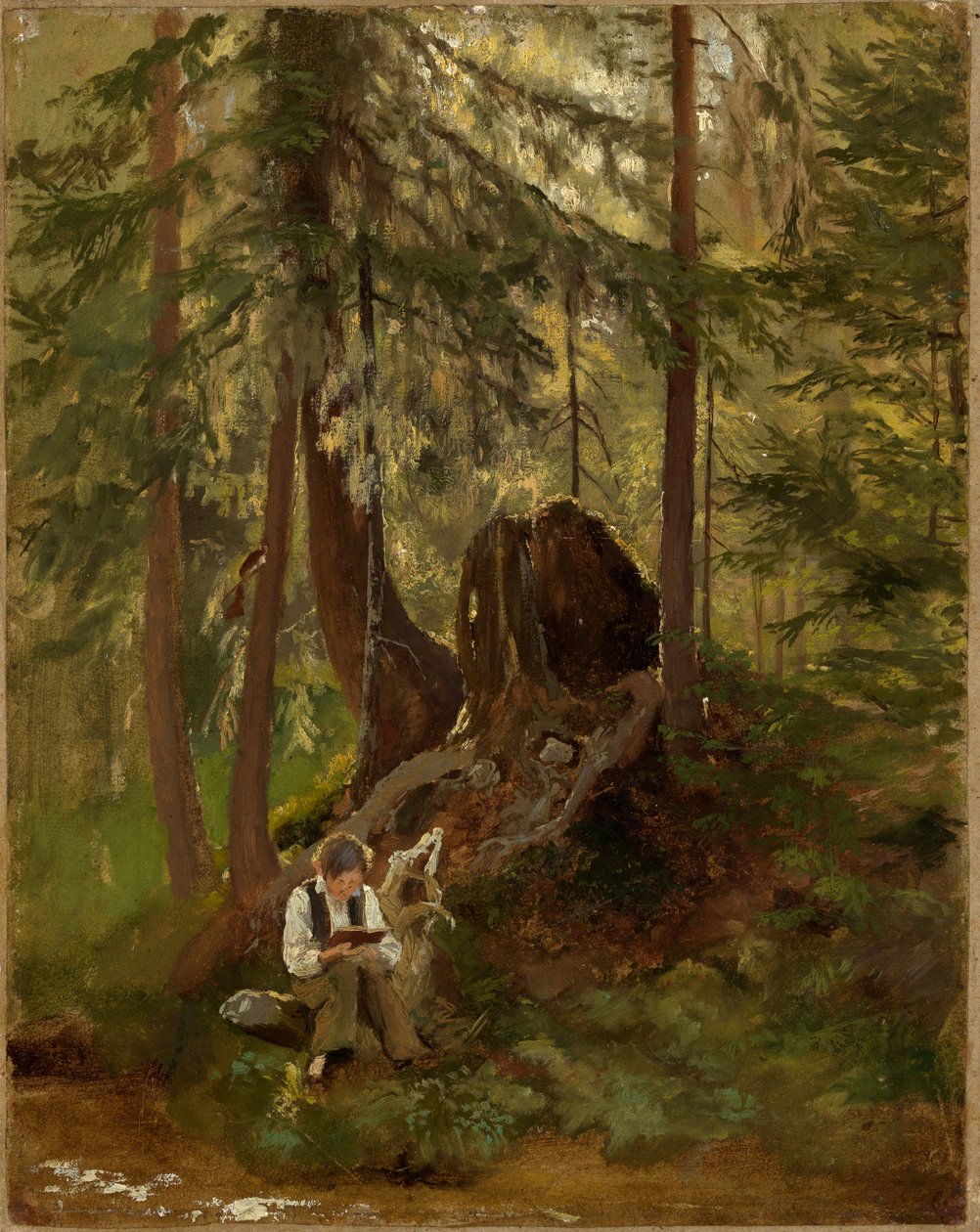 Bosinterieur met lezende jongen door Hans Thoma